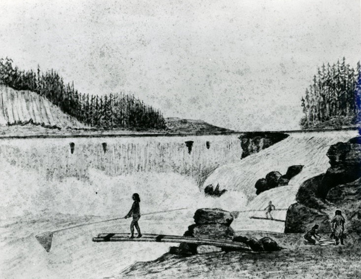 Sketch of Willamette Falls and Native fishers