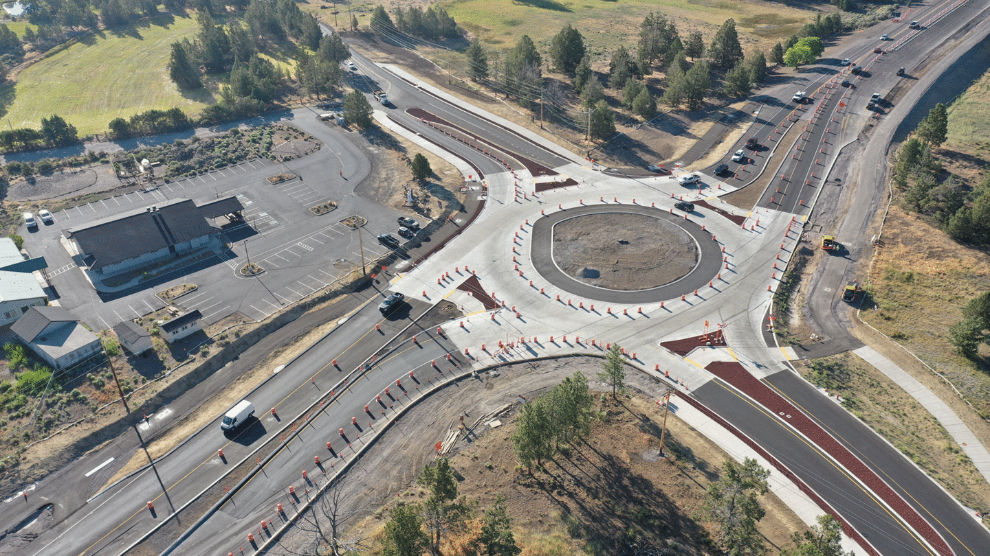 Drone photo of U.S. 20/Cooley Road roundabout construction.