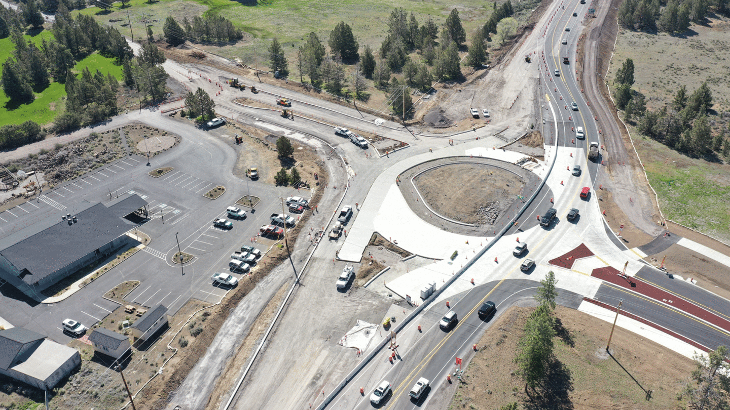 Drone photo of U.S. 20/Cooley Road roundabout construction