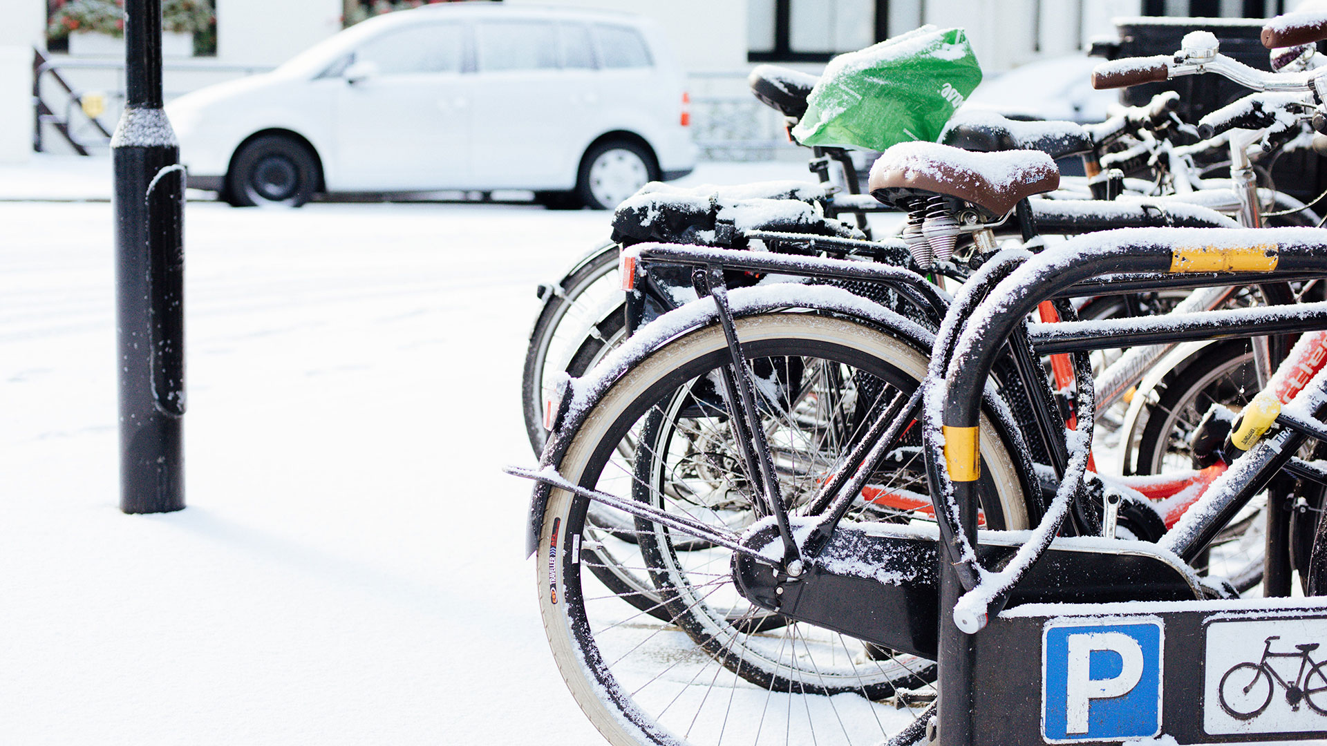 Bikes parked in the snow