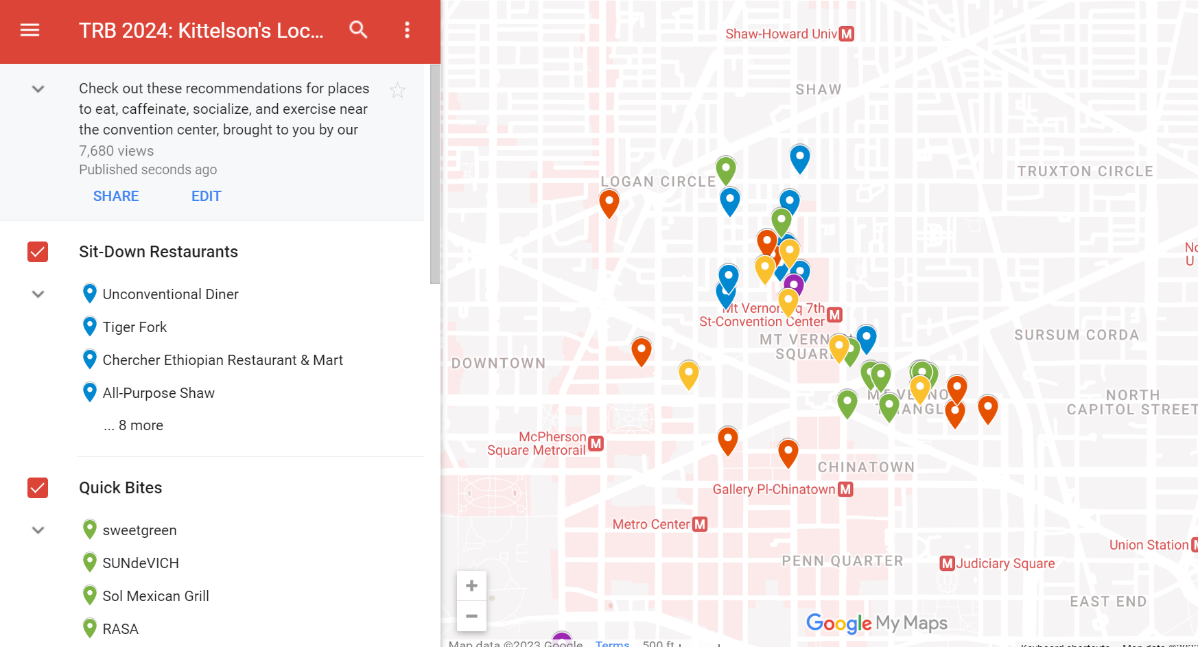 Screenshot of a custom Google Map with local recommendations for restaurants, coffee shops, bars, and walking trails