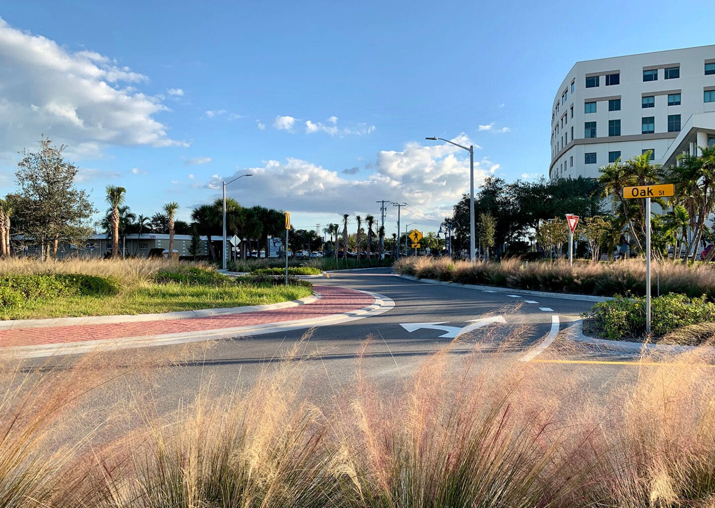 Close-up view of a roundabout with tall grass in front of it