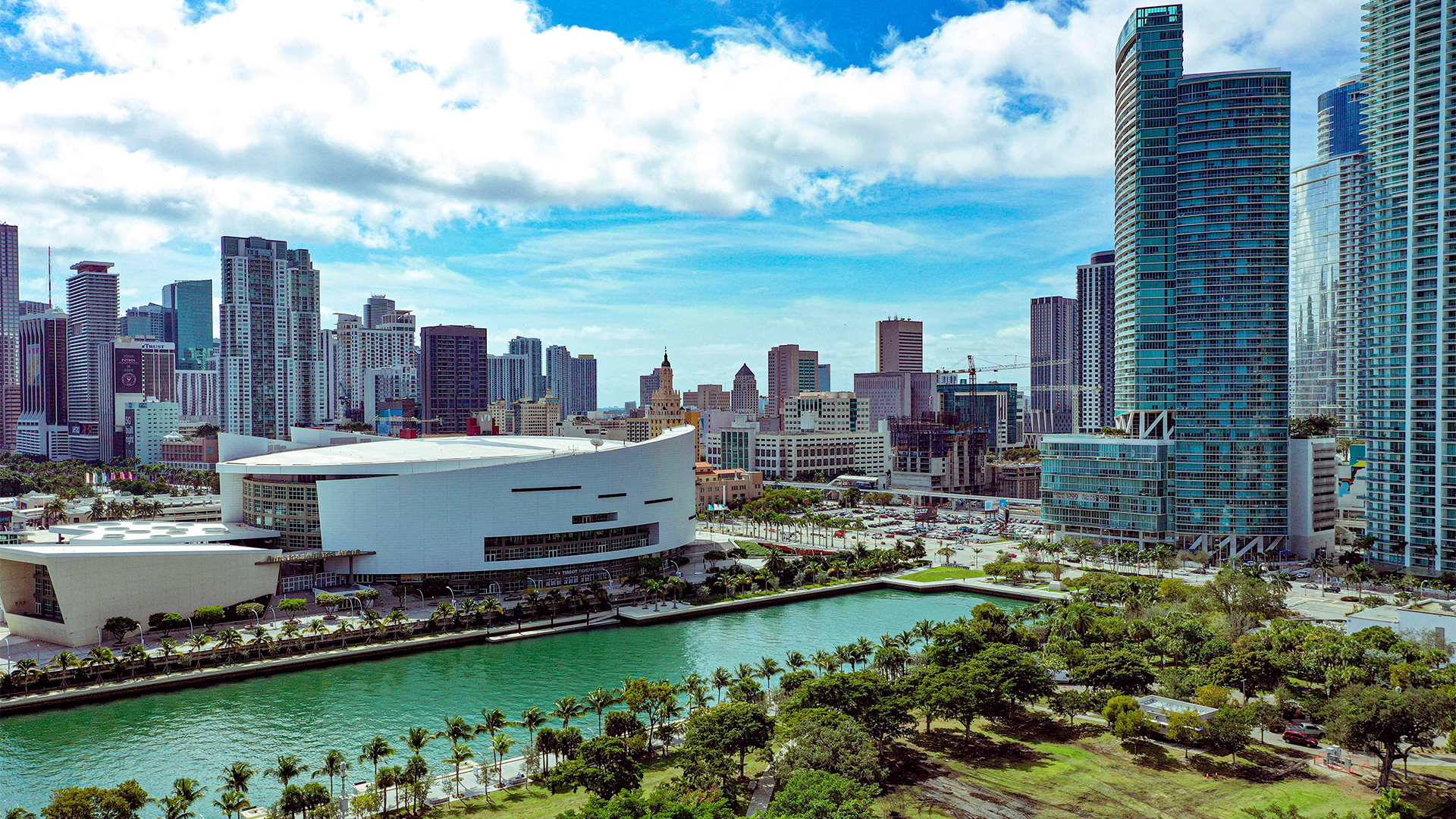 Skyline view of Bicentennial Park and skyscrapers in Miami, Florida.