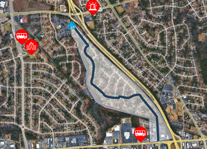 Street view markup of Fayetteville showing distance to resources