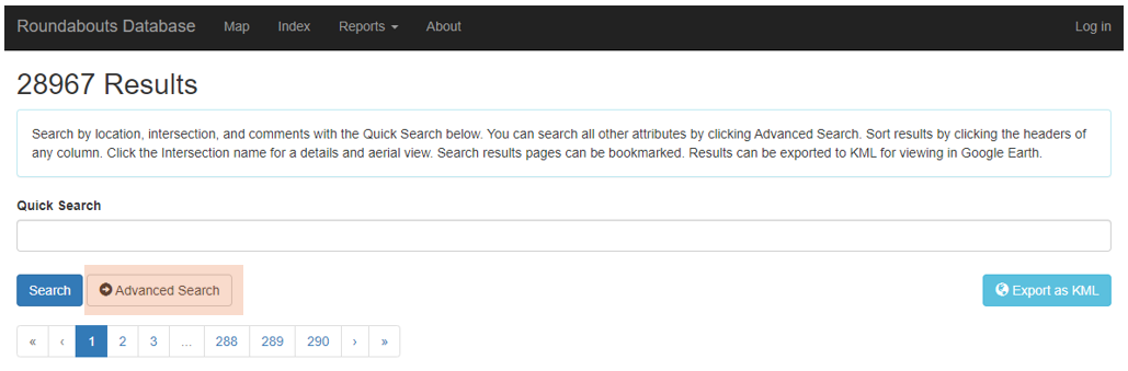 Screenshot showing where to find the Advanced Search link in the roundabouts database