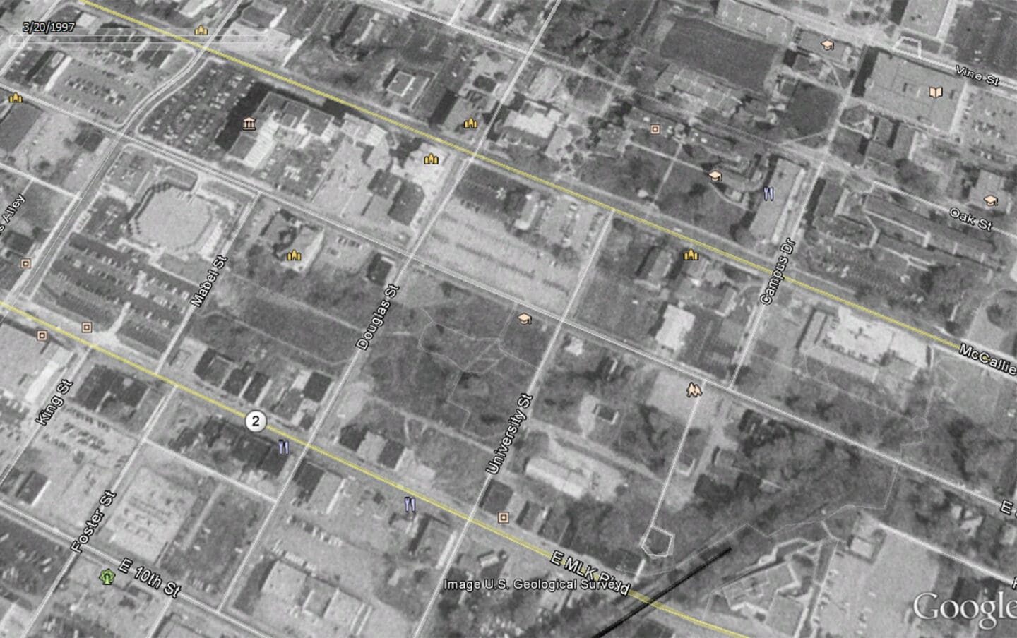 Aerial map view of one-way pair of streets in Chattanooga in 1997