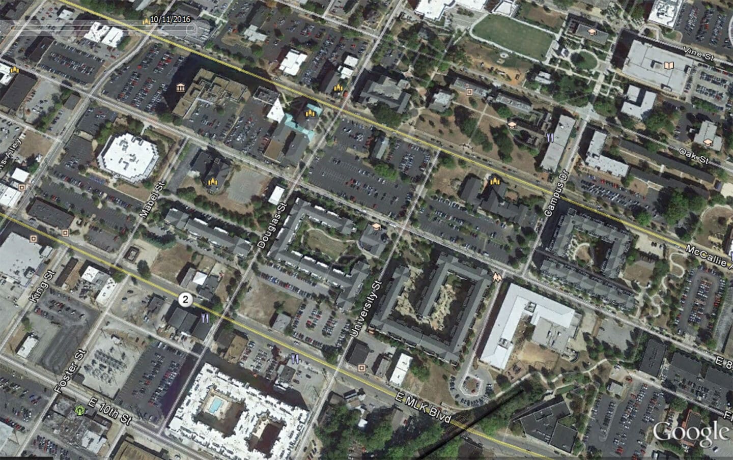 Aerial map view of two-way streets in Chattanooga in 2016