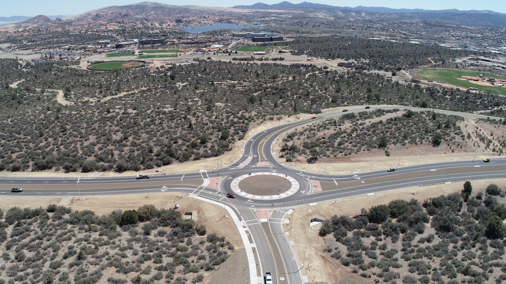 Aerial view of multilane roundabout in the desert.