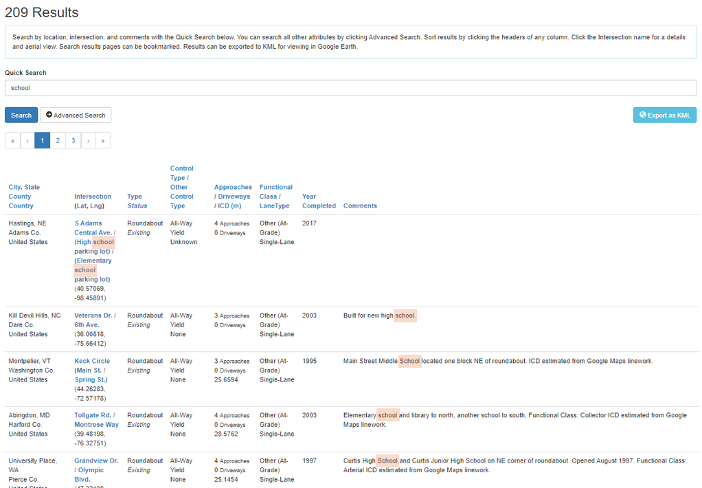 Screenshot showing results of a search in the roundabouts database with United States selected and 