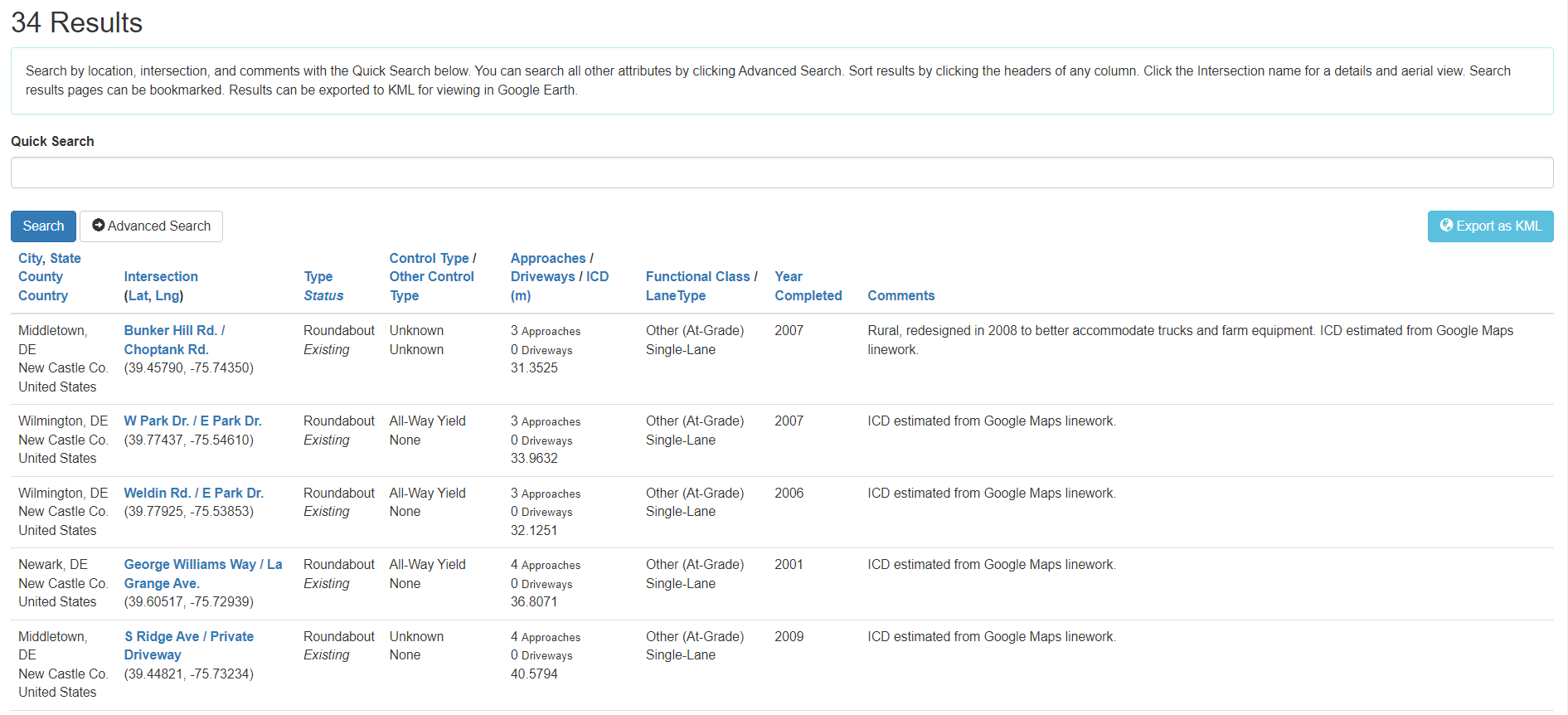 Screenshot of a list of results for a search in the roundabouts database with Delaware, United States, roundabout, existing, and single-lane all selected as search criteria