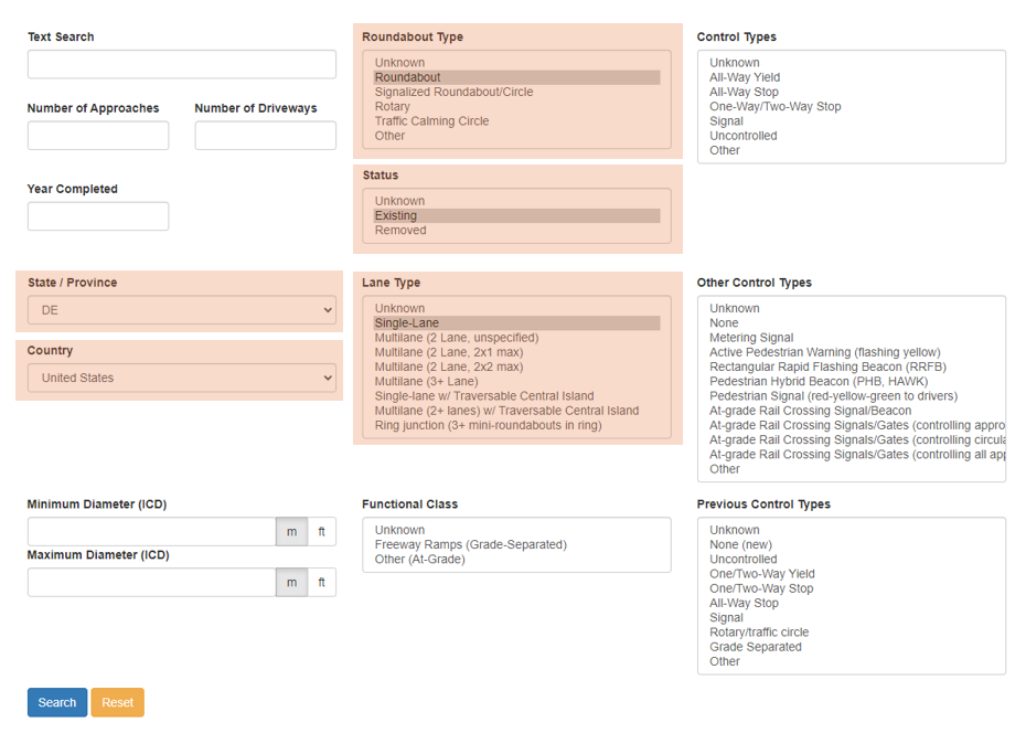 Screenshot of conducting a detailed search in the roundabouts database using the roundabouts database, with Delaware, United States, roundabout, existing, and single-lane all selected as search criteria