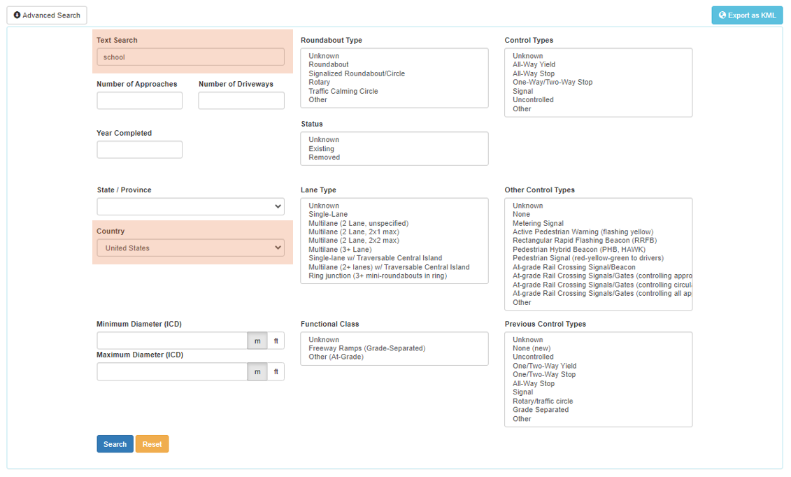 Screenshot of conducting a detailed search using the roundabouts database, with United States selected and 