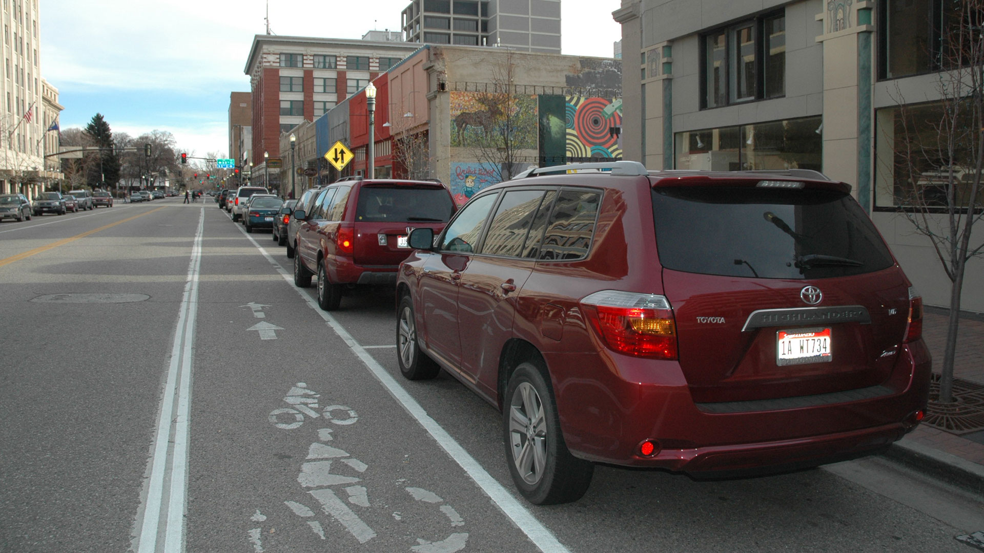 Row of cars parked along a curb next to a bike lane.