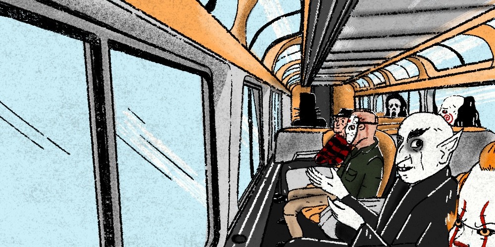 Drawing of famous horror villains sitting on public transit