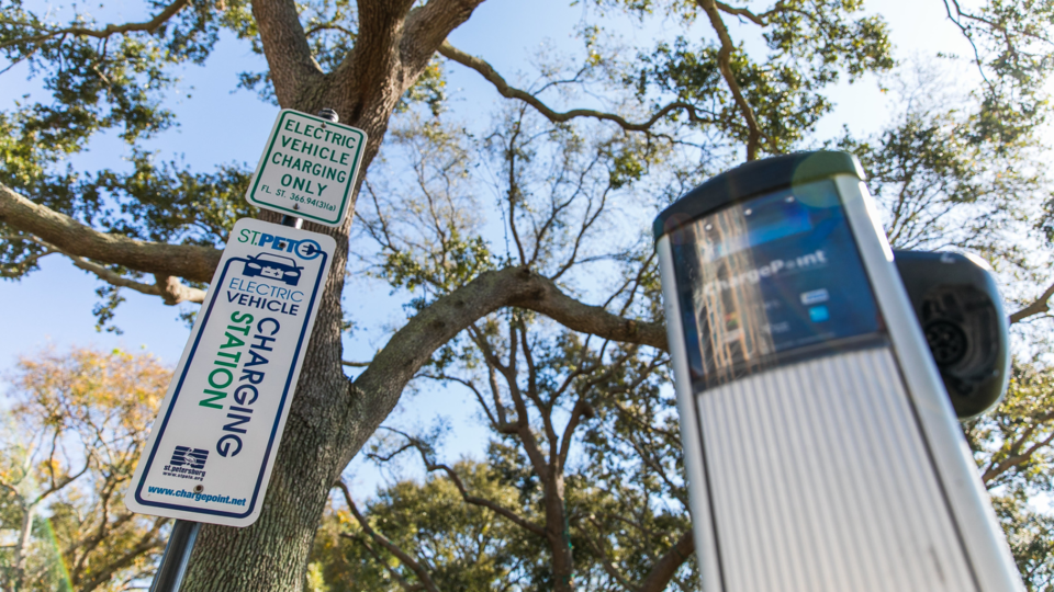 EV charger with trees and blue sky in the background